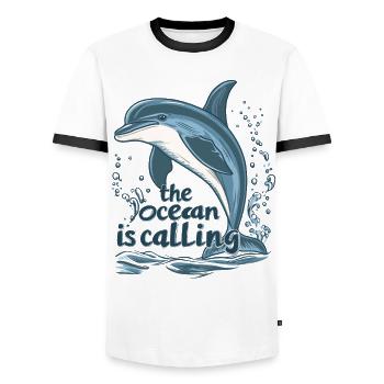 The Ocean is Calling - Dolphin - Men's Ringer Shirt - white/black - Front - AI Model Female 172 light (172cm) & AI Model Male 178 dark (178cm)