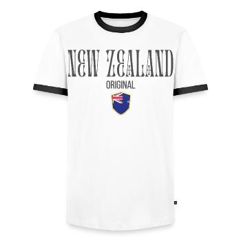 Original de Nouvelle-Zélande, Fierté de Nouvelle-Zélande - T-shirt contrasté Homme - blanc/noir - Devant - AI Model Female 172 light (172cm) & AI Model Male 178 dark (178cm)