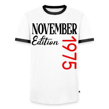 51. GEBURTSTAG 1975 NOVEMBER - Männer Kontrast-T-Shirt - Weiß/Schwarz - Vorne - AI Model Female 172 light (172cm) & AI Model Male 178 dark (178cm)