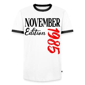 41ST BIRTHDAY 1985 NOVEMBER - Men's Ringer Shirt - white/black - Front - AI Model Female 172 light (172cm) & AI Model Male 178 dark (178cm)