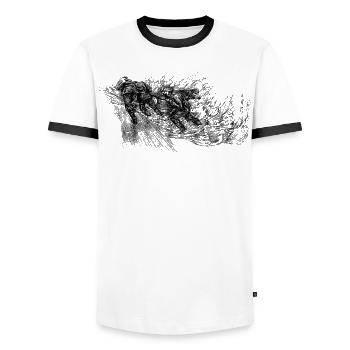 Les brise-lames : Dans l’œil du cyclone. - T-shirt contrasté Homme - blanc/noir - Devant - AI Model Female 172 light (172cm) & AI Model Male 178 dark (178cm)