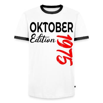 51ST BIRTHDAY 1975 OCTOBER - Men's Ringer Shirt - white/black - Front - AI Model Female 172 light (172cm) & AI Model Male 178 dark (178cm)