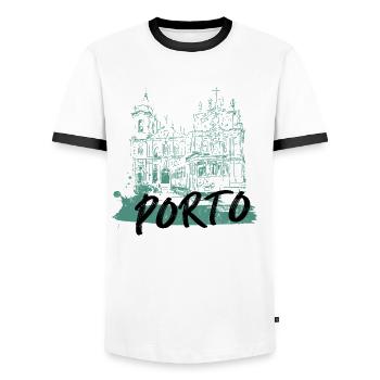 Porto historic center tram illustration - Men's Ringer Shirt - white/black - Front - AI Model Female 172 light (172cm) & AI Model Male 178 dark (178cm)