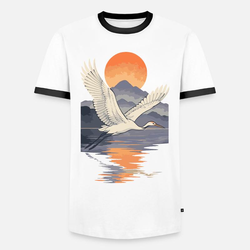 Crane Flying at Sunset Reflection - Men's Ringer Shirt - white/black