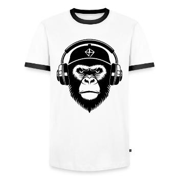 Vinyl Turntable Street Retro Monkey Head Shirt - Men's Ringer Shirt - white/black - Front - AI Model Female 172 light (172cm) & AI Model Male 178 dark (178cm)