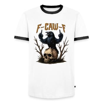 F Caw F Crow Halloween Shirt | Gothic Spooky Tee - Men's Ringer Shirt - white/black - Front - AI Model Female 172 light (172cm) & AI Model Male 178 dark (178cm)