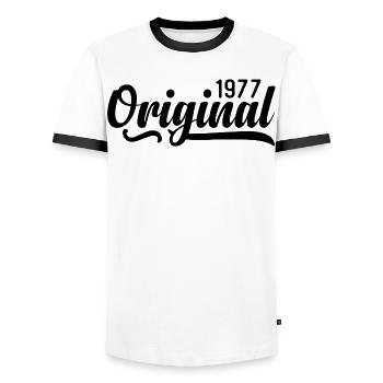 1977 birthday 48 years old, retro 1977 - Men's Ringer Shirt - white/black - Front - AI Model Female 172 light (172cm) & AI Model Male 178 dark (178cm)