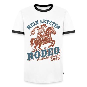 Bachelor Party 2025 - My Last Rodeo - Men's Ringer Shirt - white/black - Front - AI Model Female 172 light (172cm) & AI Model Male 178 dark (178cm)
