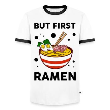 But First Ramen Cute Ramen Lover Foodie - Men's Ringer Shirt - white/black - Front - AI Model Female 172 light (172cm) & AI Model Male 178 dark (178cm)