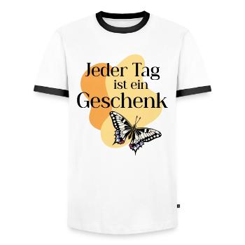Jeder_Tag_ist_ein_Geschenk - T-shirt contrasté Homme - blanc/noir - Devant - AI Model Female 172 light (172cm) & AI Model Male 178 dark (178cm)