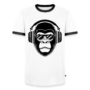 Rebellious Monkey Head DJ Grooves Underground Shirt - Men's Ringer Shirt - white/black - Front - AI Model Female 172 light (172cm) & AI Model Male 178 dark (178cm)