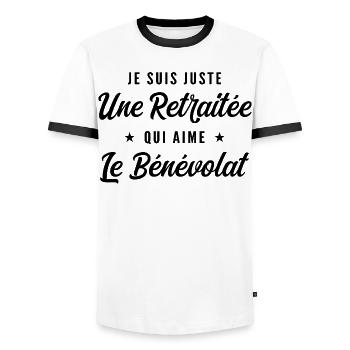 Retraitée Bénévole Humour Cadeau Retraite - T-shirt contrasté Homme - blanc/noir - Devant - AI Model Female 172 light (172cm) & AI Model Male 178 dark (178cm)