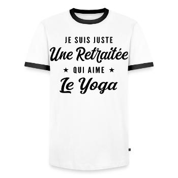 Retraitée Yogini Humour Cadeau Retraite - T-shirt contrasté Homme - blanc/noir - Devant - AI Model Female 172 light (172cm) & AI Model Male 178 dark (178cm)