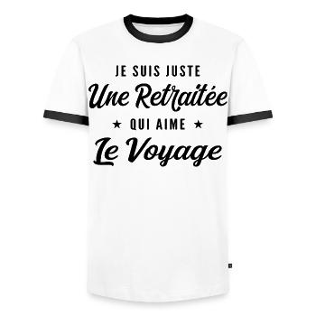 Retraitée Voyageuse Humour Cadeau Retraite - T-shirt contrasté Homme - blanc/noir - Devant - AI Model Female 172 light (172cm) & AI Model Male 178 dark (178cm)