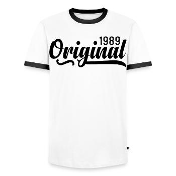 1989 Birthday 36 years old, retro 1989 - Men's Ringer Shirt - white/black - Front - AI Model Female 172 light (172cm) & AI Model Male 178 dark (178cm)