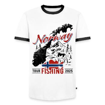 Excursion de pêche en Norvège 2025 - Cadeau de pêcheur - T-shirt contrasté Homme - blanc/noir - Devant - AI Model Female 172 light (172cm) & AI Model Male 178 dark (178cm)