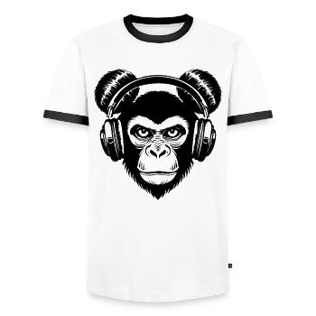 Skateboard Monkey Crew Rhythm Headphones Street Shirt - Men's Ringer Shirt - white/black - Front - AI Model Female 172 light (172cm) & AI Model Male 178 dark (178cm)