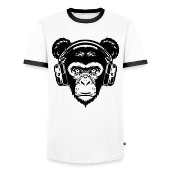 Skateboard Monkey Mane Groove Headphone Shirt - Men's Ringer Shirt - white/black - Front - AI Model Female 172 light (172cm) & AI Model Male 178 dark (178cm)