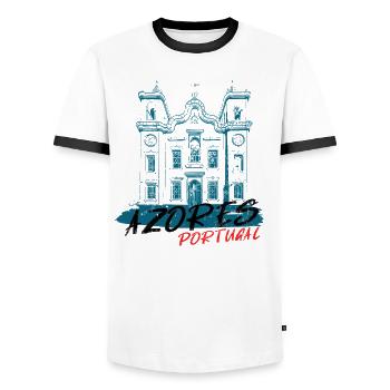 Typical church in blue, Azores Portugal - Men's Ringer Shirt - white/black - Front - AI Model Female 172 light (172cm) & AI Model Male 178 dark (178cm)