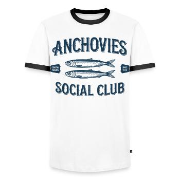 Anchovies Social Club - Men's Ringer Shirt - white/black - Front - AI Model Female 172 light (172cm) & AI Model Male 178 dark (178cm)