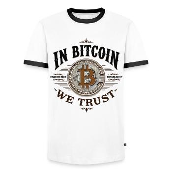 In Bitcoin We Trust – Crypto Vintage Btc - Men's Ringer Shirt - white/black - Front - AI Model Female 172 light (172cm) & AI Model Male 178 dark (178cm)