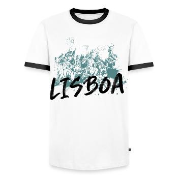 Monument Discoveries Lissabon blaue Illustration - Männer Kontrast-T-Shirt - Weiß/Schwarz - Vorne - AI Model Female 172 light (172cm) & AI Model Male 178 dark (178cm)