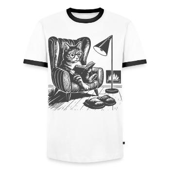Cat in living room reading - Men's Ringer Shirt - white/black - Front - AI Model Female 172 light (172cm) & AI Model Male 178 dark (178cm)
