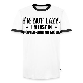 I'm not lazy economy mode - Men's Ringer Shirt - white/black - Front - AI Model Female 172 light (172cm) & AI Model Male 178 dark (178cm)