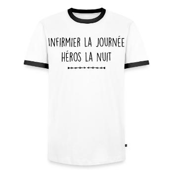 Infirmier la journée, héros la nuit - T-shirt contrasté Homme - blanc/noir - Devant - AI Model Female 172 light (172cm) & AI Model Male 178 dark (178cm)
