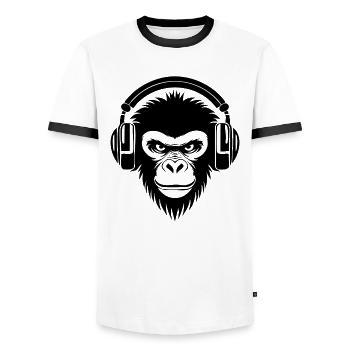 Sinister Cartoon Monkey With Headphones Shirt - Men's Ringer Shirt - white/black - Front - AI Model Female 172 light (172cm) & AI Model Male 178 dark (178cm)