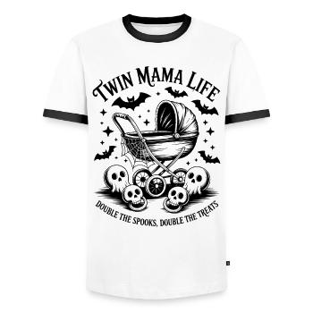 Twin Mama Life Double the Spooks Treats Halloween - Men's Ringer Shirt - white/black - Front - AI Model Female 172 light (172cm) & AI Model Male 178 dark (178cm)