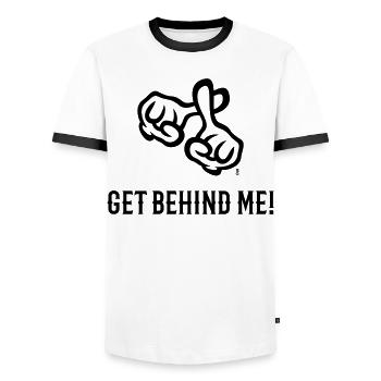 Mettez-vous derrière moi ! (Croix / Bible / Religion / 1C) - T-shirt contrasté Homme - blanc/noir - Devant - AI Model Female 172 light (172cm) & AI Model Male 178 dark (178cm)