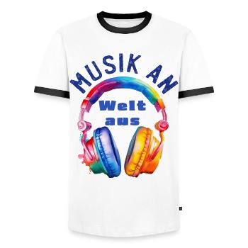 Music On - World Off - Casque - Cadeau Musicien - T-shirt contrasté Homme - blanc/noir - Devant - AI Model Female 172 light (172cm) & AI Model Male 178 dark (178cm)