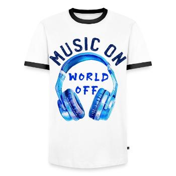 Headphones "Music on - World off" Music - Men's Ringer Shirt - white/black - Front - AI Model Female 172 light (172cm) & AI Model Male 178 dark (178cm)