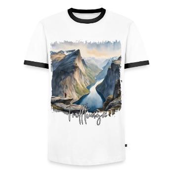 Watercolor by Trolltunga, Trolltunga Norway - Men's Ringer Shirt - white/black - Front - AI Model Female 172 light (172cm) & AI Model Male 178 dark (178cm)