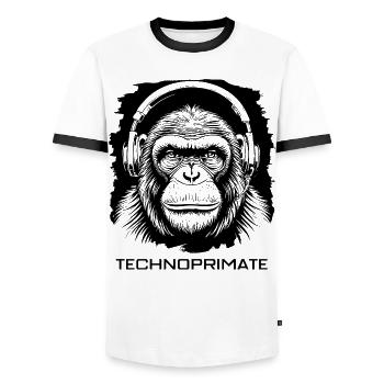 Techno Primate Casque Ape Art #6 Noir - T-shirt contrasté Homme - blanc/noir - Devant - AI Model Female 172 light (172cm) & AI Model Male 178 dark (178cm)