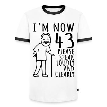 43rd Birthday 43rd 43rd I am now 43 years old - Men's Ringer Shirt - white/black - Front - AI Model Female 172 light (172cm) & AI Model Male 178 dark (178cm)