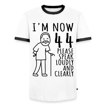 44th Birthday 44s 44th I am now 44 years old - Men's Ringer Shirt - white/black - Front - AI Model Female 172 light (172cm) & AI Model Male 178 dark (178cm)