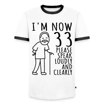 33rd Birthday 33rd 33rd I am now 33 years old - Men's Ringer Shirt - white/black - Front - AI Model Female 172 light (172cm) & AI Model Male 178 dark (178cm)