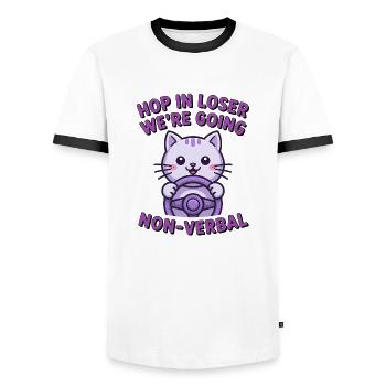 Hop in Loser, we're going non-verbal - Funny Cat T - Men's Ringer Shirt - white/black - Front - AI Model Female 172 light (172cm) & AI Model Male 178 dark (178cm)