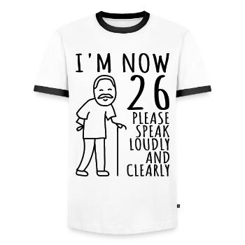 26th Birthday 26er 26th I am now 26 years old - Men's Ringer Shirt - white/black - Front - AI Model Female 172 light (172cm) & AI Model Male 178 dark (178cm)