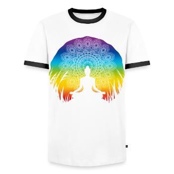 Conception spirituelle du mandala yoga dans les couleurs des chakras - T-shirt contrasté Homme - blanc/noir - Devant - AI Model Female 172 light (172cm) & AI Model Male 178 dark (178cm)