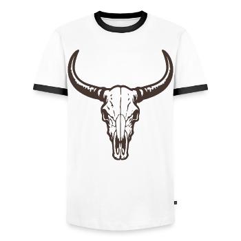 Bull Head Skull with Horns - Western Style - Men's Ringer Shirt - white/black - Front - AI Model Female 172 light (172cm) & AI Model Male 178 dark (178cm)