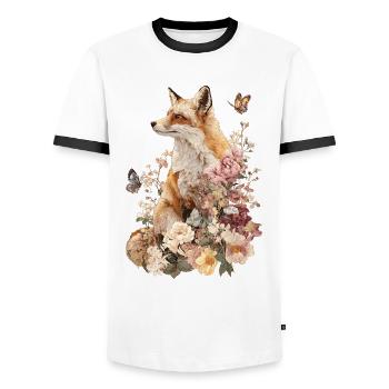 Renard, Animal, Fleurs, Papillons, Amoureux des animaux - T-shirt contrasté Homme - blanc/noir - Devant - AI Model Female 172 light (172cm) & AI Model Male 178 dark (178cm)