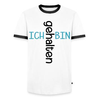 I AM HELD TO TRUST CHURCH - Men's Ringer Shirt - white/black - Front - AI Model Female 172 light (172cm) & AI Model Male 178 dark (178cm)