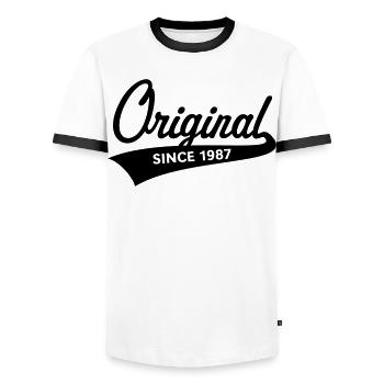 Original Since 1987 (Year of Birth, Birthday / B) - Men's Ringer Shirt - white/black - Front - AI Model Female 172 light (172cm) & AI Model Male 178 dark (178cm)