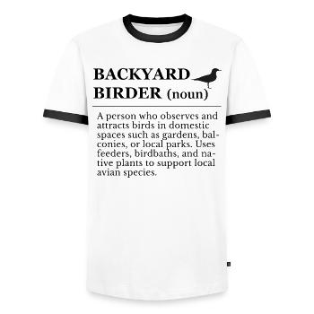 Bird watching in the garden - Men's Ringer Shirt - white/black - Front - AI Model Female 172 light (172cm) & AI Model Male 178 dark (178cm)