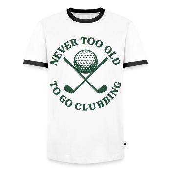 Never Too Old To Go Clubbing Funny Golf Design - Men's Ringer Shirt - white/black - Front - AI Model Female 172 light (172cm) & AI Model Male 178 dark (178cm)