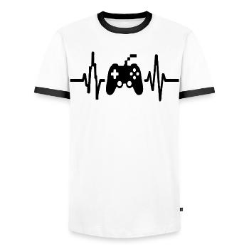 Heartbeat Gamer, Gamecontroller Strichzeichnung Design - Männer Kontrast-T-Shirt - Weiß/Schwarz - Vorne - AI Model Female 172 light (172cm) & AI Model Male 178 dark (178cm)