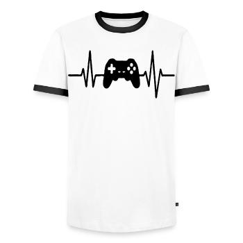 Heartbeat Gamer, Gamecontroller Strichzeichnung Design - Männer Kontrast-T-Shirt - Weiß/Schwarz - Vorne - AI Model Female 172 light (172cm) & AI Model Male 178 dark (178cm)